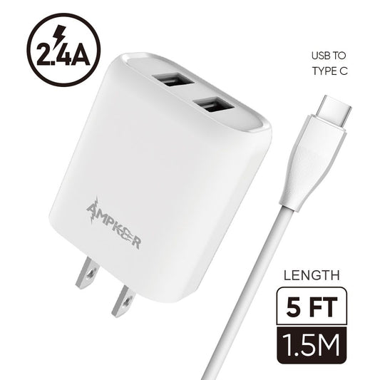 AmpXker 2.4A Wall Charger + Type-C Cable